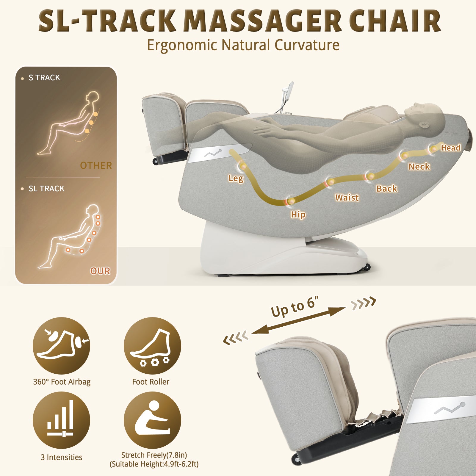 HealthRelife 3D Massage Chair Full Body Recliner - Zero Gravity with Heat, 12 Auto-Massage Modes, Shiatsu Foot Massage, with 55“ SL-Track,28 Airbags Massage, Foot Rollers, (Beige)